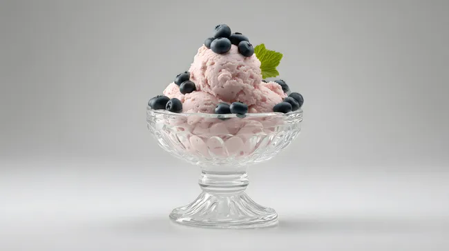 Frisches Blaubeereis in Glasschale mit Minzblatt