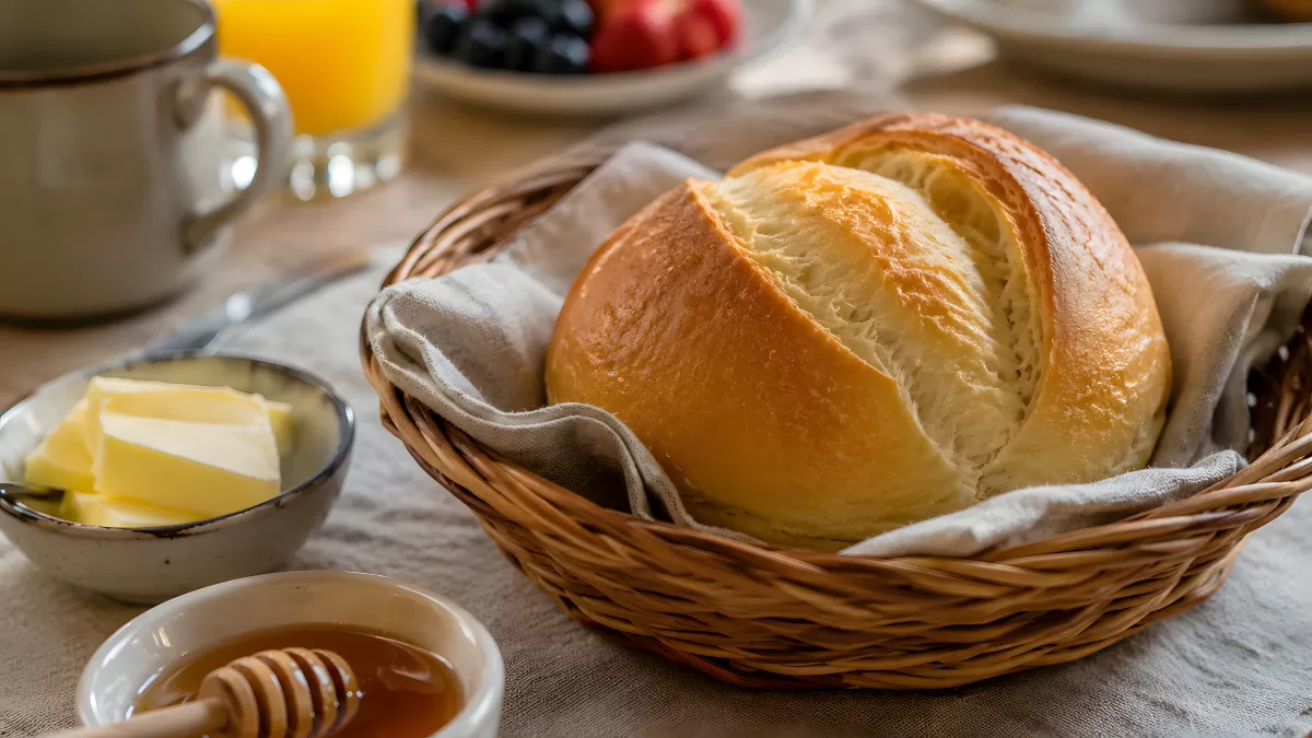 Frisches Brot im Weidenkorb mit Butter und Honig