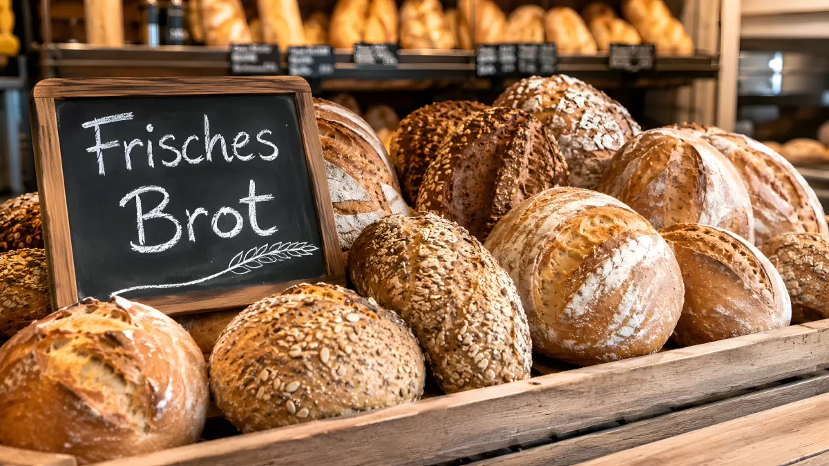 Frisches Brot in einer deutschen Bäckerei im Holzkorb