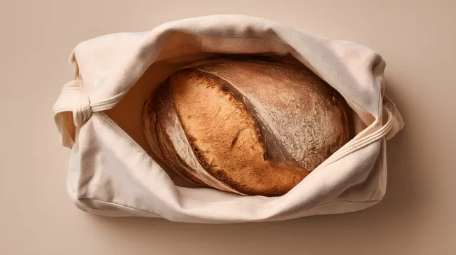 Frisches Brot in rustikalem Beutel - Nahaufnahme