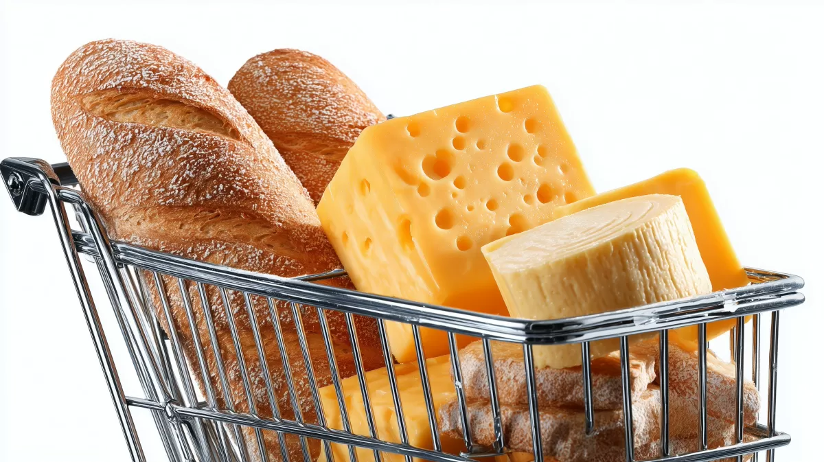 Frisches Brot und Käse im Einkaufswagen