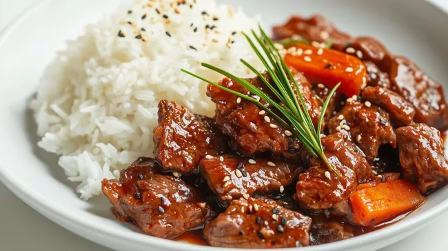 Frisches Bulgogi-Gericht mit mariniertem Rindfleisch und Reis