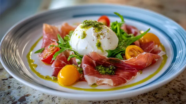 Frisches Burrata-Gericht mit Schinken, Rucola und Kirschtomaten