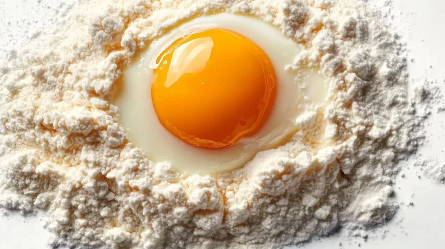 Frisches Ei auf Mehlhintergrund für Backzutaten