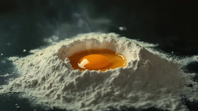 Frisches Eigelb in Mehlhügel - Backzutaten