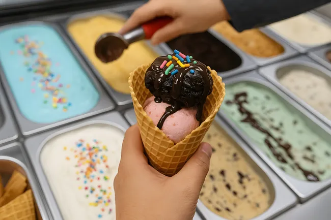 Frisches Eiswaffel-Dessert mit Schokoladensoße