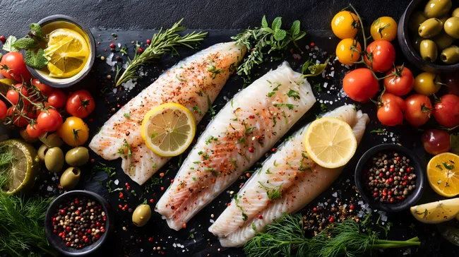 Frisches Fischfilet mit Kräutern und Zitrone auf schwarzem Hintergrund