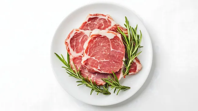 Frisches Fleisch mit Rosmarin auf weißem Teller