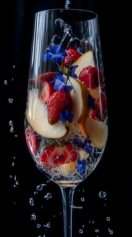 Frisches Früchteglas mit Blüten und Spritzwasser