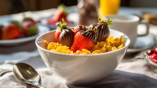 Frisches Frühstücks-Schälchen mit Cornflakes und Schokoerdbeeren