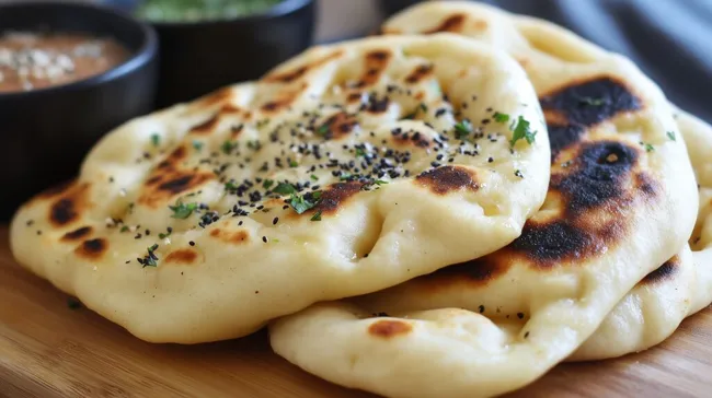 Frisches, gebackenes Naan-Brot mit Kräutern und Sesam