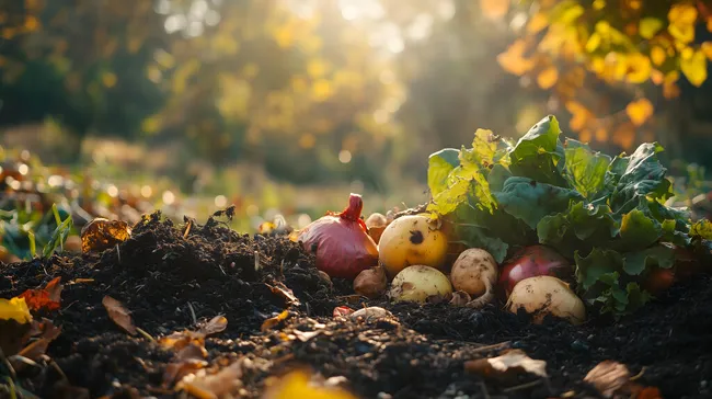 Frisches Gemüse auf herbstlichem Komposthaufen