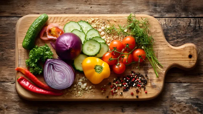 Frisches Gemüse auf rustikalem Holzbrett