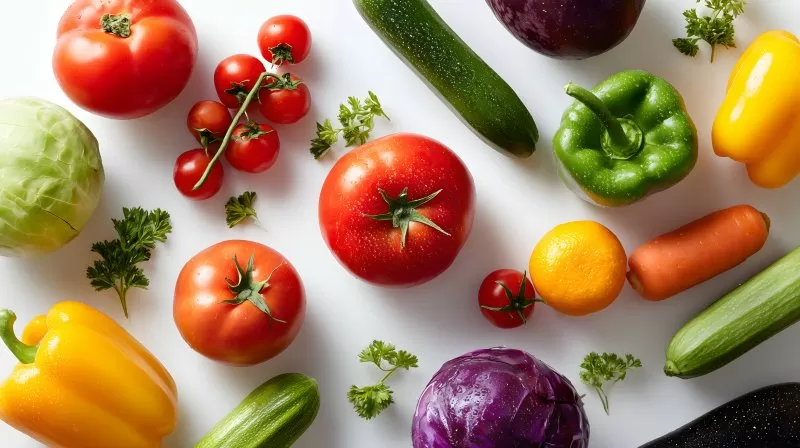 Frisches Gemüse auf weißem Hintergrund verteilt