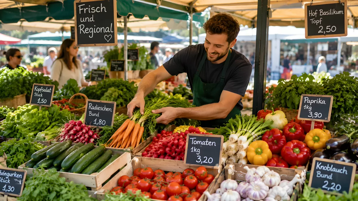 Frisches Gemüse auf Wochenmarkt arrangiert