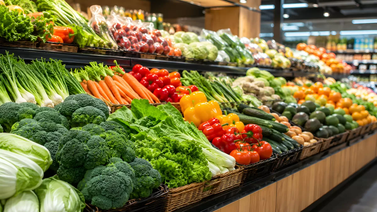 Frisches Gemüse im Supermarkt auf mehreren Etagen