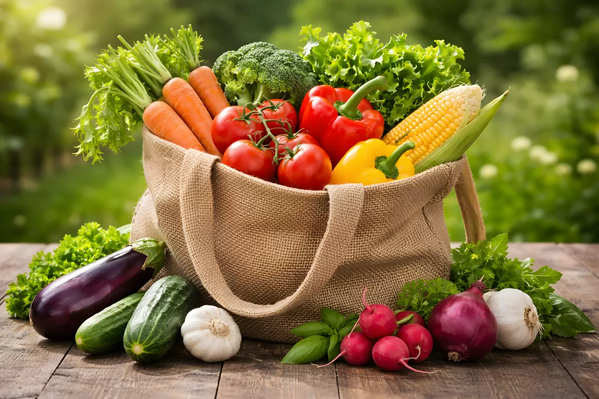 Frisches Gemüse in Jutebeutel auf Holztisch