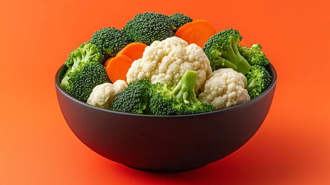 Frisches Gemüse in rustikaler Schüssel auf orangem Hintergrund