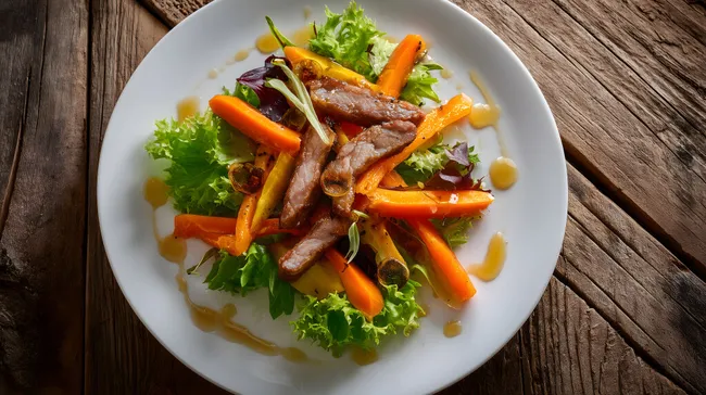 Frisches Gemüse mit geräuchertem Fleisch in eleganter Präsentation