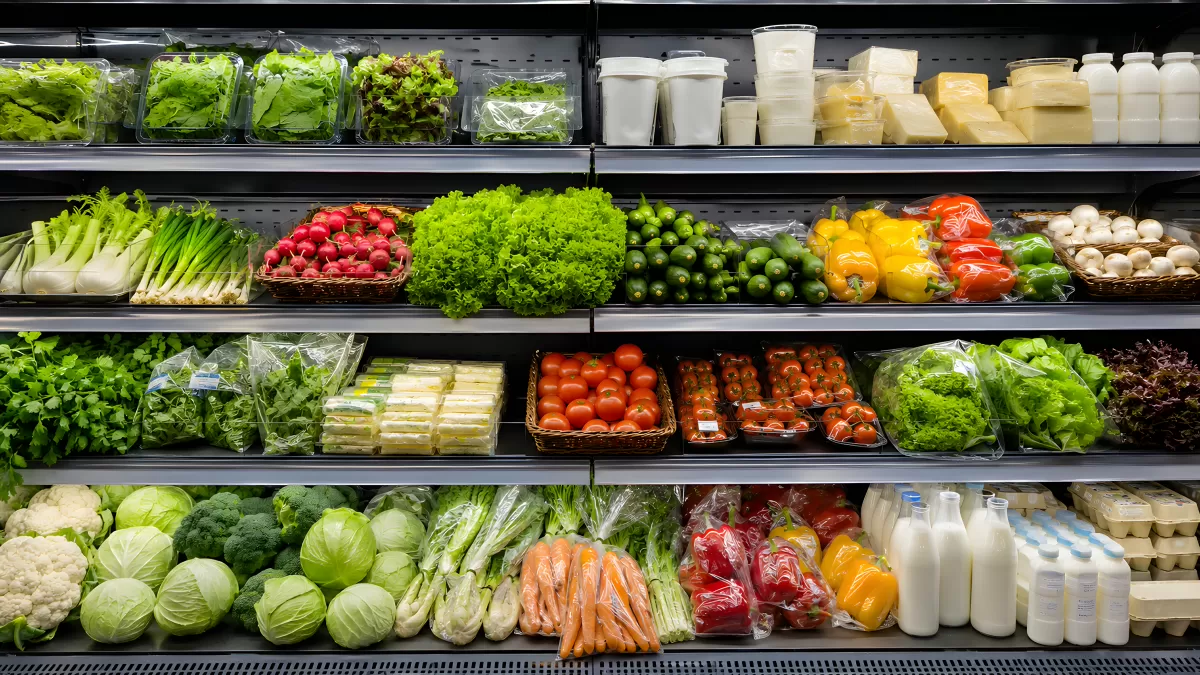Frisches Gemüse und Milchprodukte im Supermarkt