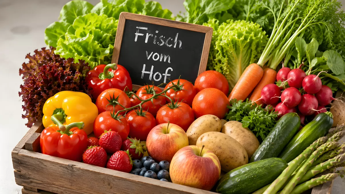 Frisches Gemüse und Obst in Holzkiste vom Bauernhof