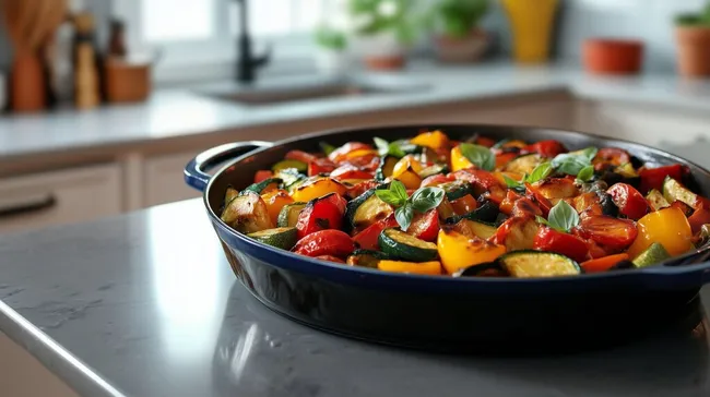 Frisches Gemüsegericht in rustikaler Schüssel