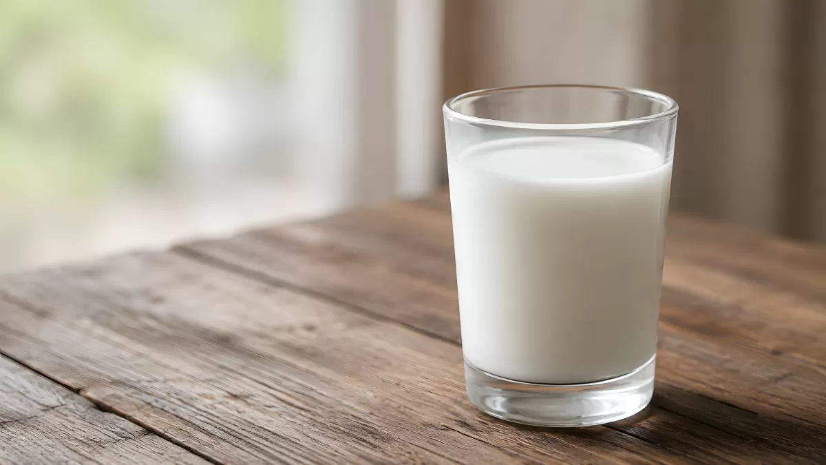 Frisches Glas Milch auf rustikalem Holztisch