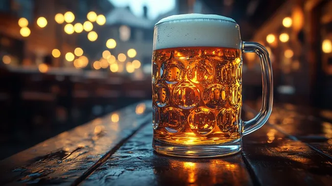 Frisches, goldenes Bier in rustikaler Holzumgebung