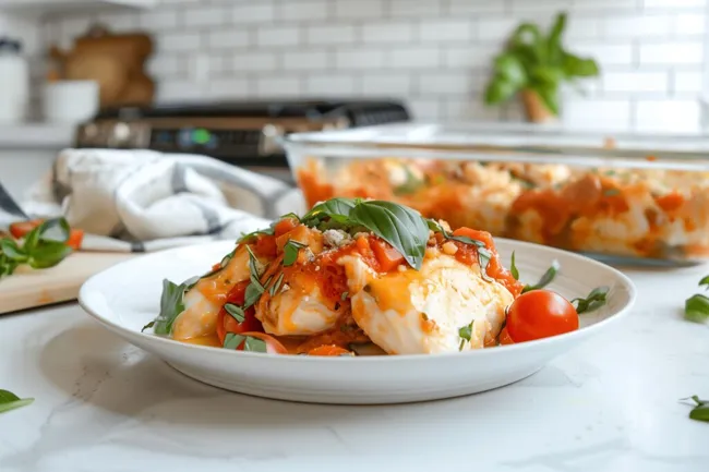 Frisches Hähnchen-Tomaten-Gericht auf rustikaler Tischplatte