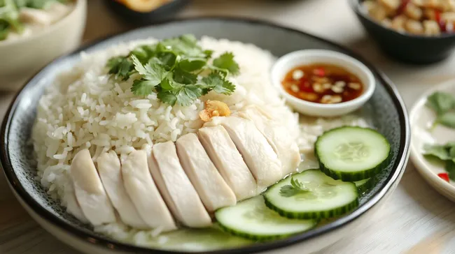 Frisches Hühnchenfleisch mit Reis und Gurkensalat