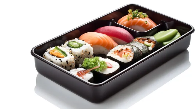 Frisches japanisches Bento-Gericht mit Sushi und Gemüse
