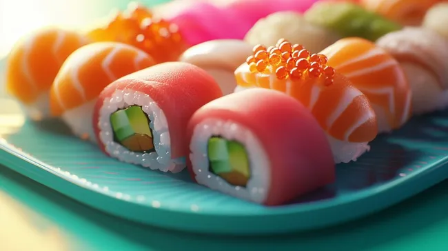 Frisches japanisches Sushigericht mit bunten Zutaten