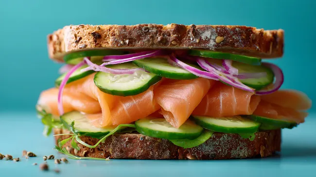 Frisches Lachs-Sandwich mit Gurke und roten Zwiebeln