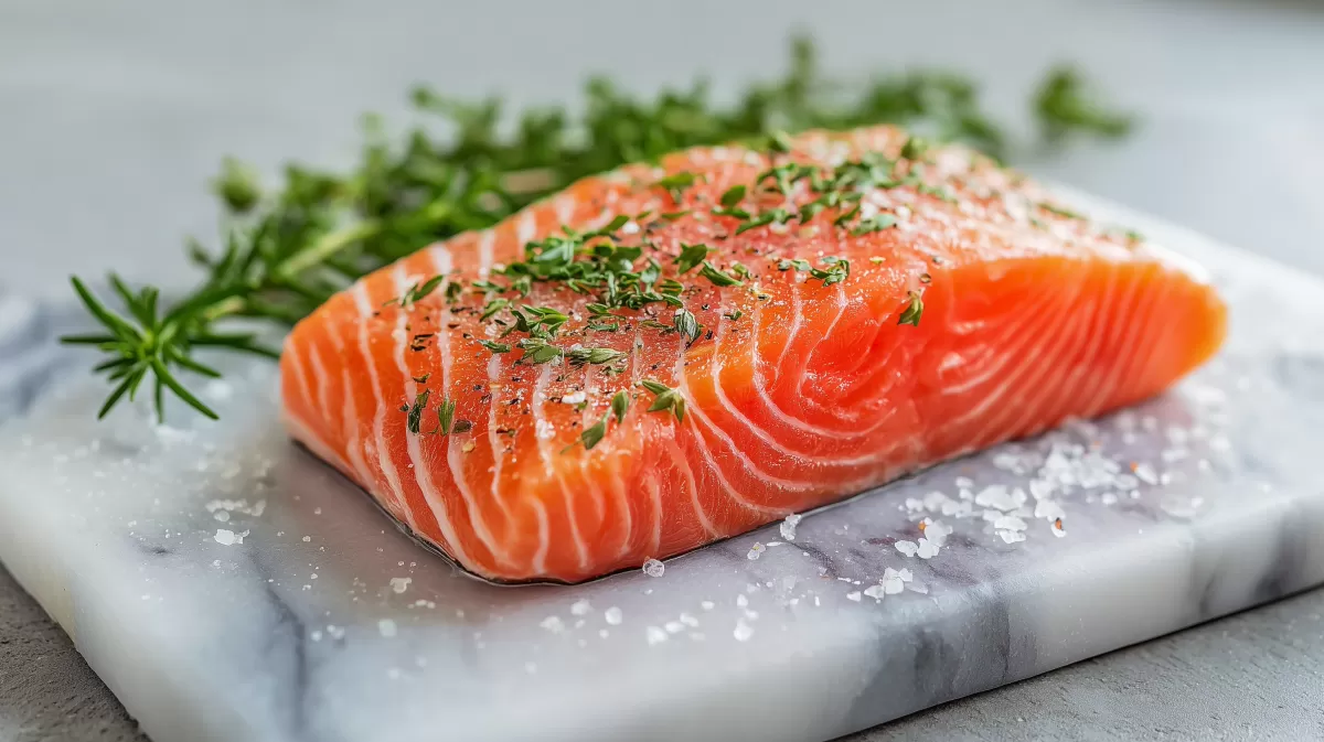 Frisches Lachsfilet auf weißem Marmor mit Kräutern