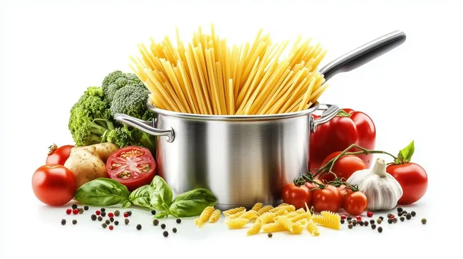 Frisches mediterranes Gemüse und Pasta in rustikaler Kochtopfoptik