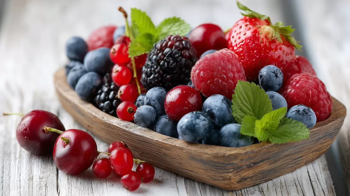 Frisches Obst in einer hölzernen Schale