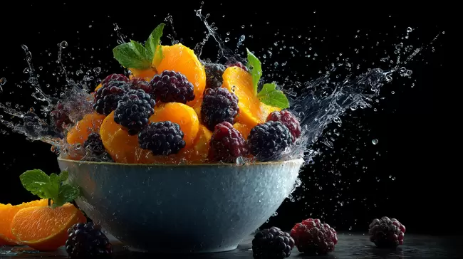 Frisches Obst mit Spritzern im dunklen Stil