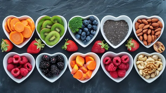 Frisches Obst und Gemüse in Herzschalen