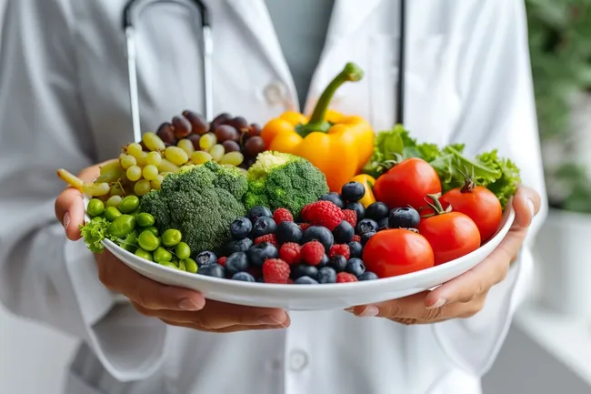 Frisches Obst und Gemüse in rustikaler Schale