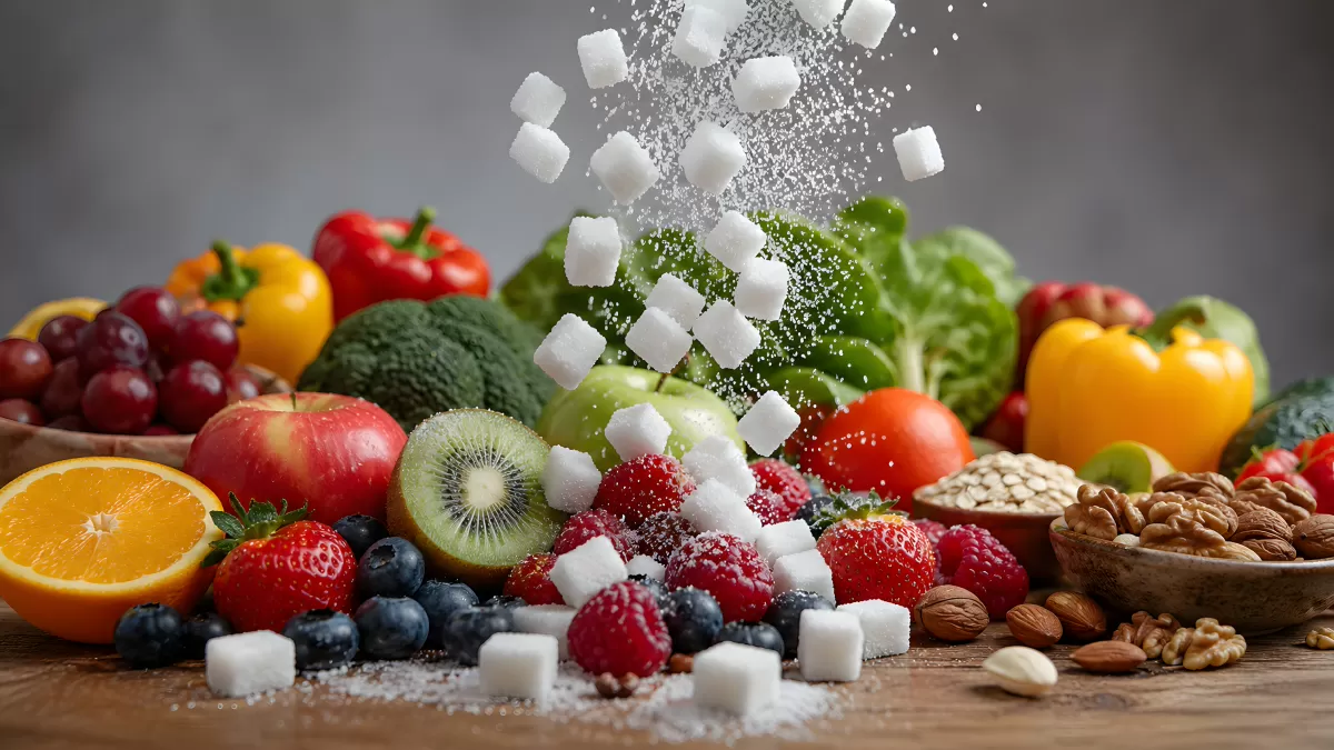 Frisches Obst und Gemüse mit fallenden Zuckerwürfeln