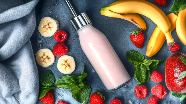 Frisches Obst und Smoothie-Zubereitung auf dunklem Hintergrund