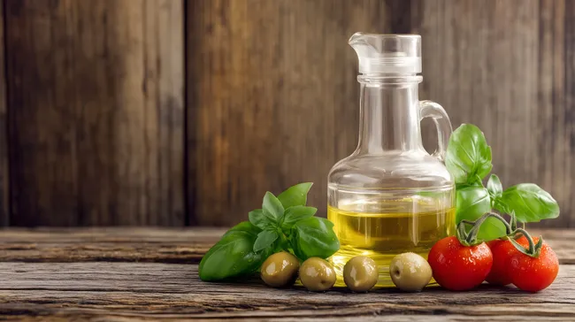 Frisches Olivenöl, Basilikum und Tomaten auf rustikalem Holztisch