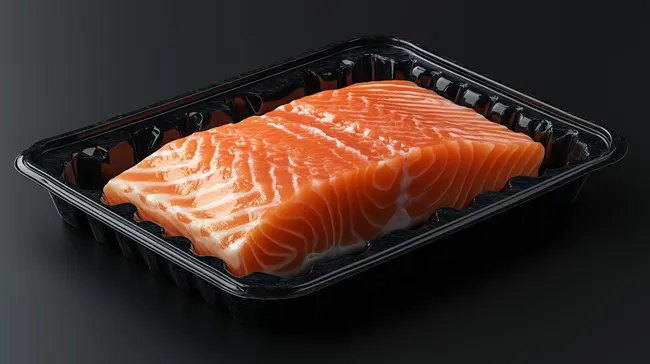 Frisches, orangefarbenes Lachsfilet in Plastikverpackung