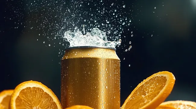 Frisches Orangengetränk mit Spritzern in goldener Dose