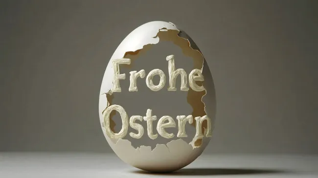 Frisches Osterei mit Schriftzug, Schale gebrochen