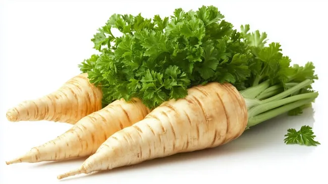 Frisches Pastinakenbündel mit grünen Blättern