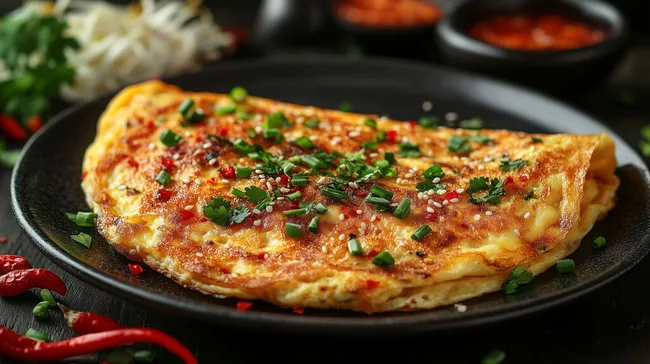 Frisches, pikantes Omelette mit Chili und Koriander