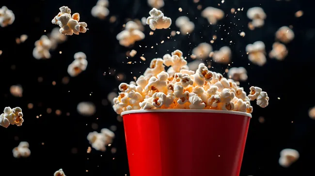 Frisches Popcorn mit fliegenden Körnern im roten Eimer