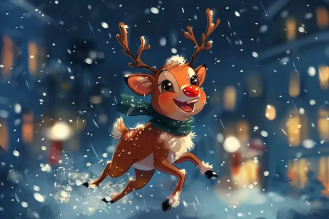 Frisches Rentier mit roter Nase in verschneiter Winterlandschaft