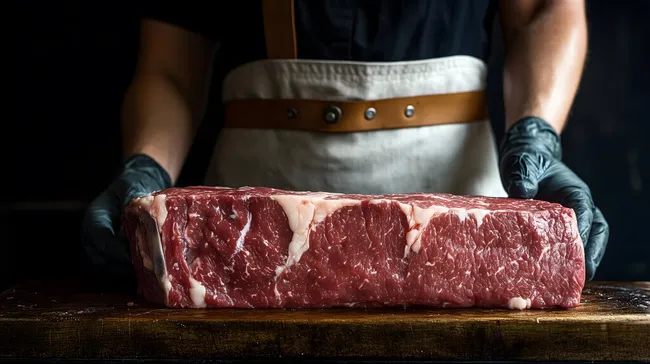 Frisches Rindfleisch auf rustikaler Holzplatte